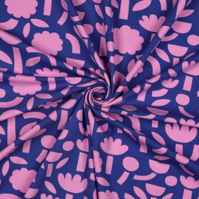 Tissu Jersey Coton Bio Jennifer Bouron fleurs Rose sur fond Bleu - Par 10 cm