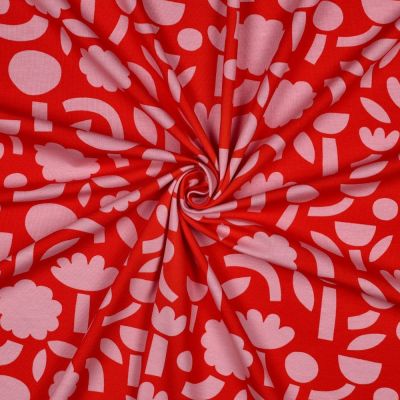 Tissu Jersey Coton Bio Jennifer Bouron fleurs rose clair sur fond Rouge - Par 10 cm