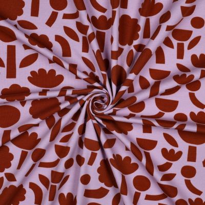 Tissu Jersey Coton Bio Jennifer Bouron fleurs Bordeaux sur fond Lilas - Par 10 cm