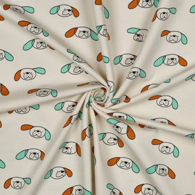 Tissu Sweat léger Bio Jennifer Bouron chiens Orange et Vert sur fond Naturel - Par 10 cm