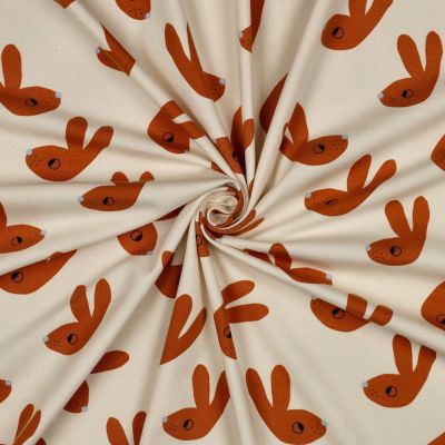 Tissu Jersey Coton Bio Jennifer Bouron lapins Terracotta sur fond Ecru - Par 10 cm
