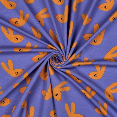 Tissu Jersey Coton Bio Jennifer Bouron lapins Rouille sur fond Bleu lavande - Par 10 cm