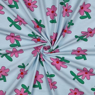 Tissu Jersey Coton Bio Jennifer Bouron fleurs Rose sur fond Bleu ciel - Par 10 cm