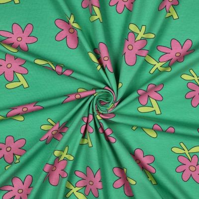 Tissu Jersey Coton Bio Jennifer Bouron fleurs Rose sur fond Vert - Par 10 cm