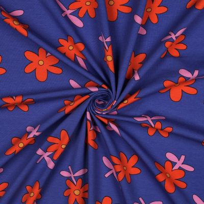 Tissu Jersey Coton Bio Jennifer Bouron fleurs Rouge sur fond Bleu marine - Par 10 cm