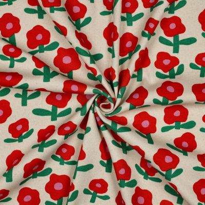 Tissu Jersey cotêlé Bio Jennifer Bouron fleurs Rouge et Vert sur fond Ecru - Par 10 cm