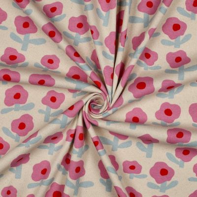 Tissu Jersey cotêlé Bio Jennifer Bouron fleurs Rose et Bleu sur fond Ecru - Par 10 cm