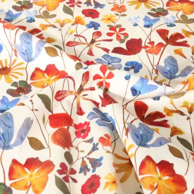 Tissu Coton Satiné extensible Fleuris Afonso sur fond Ecru - Par 10 cm