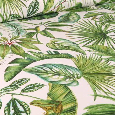Tissu Toile de Coton Feuilles de palmiers sur fond Ecru - Par 10 cm