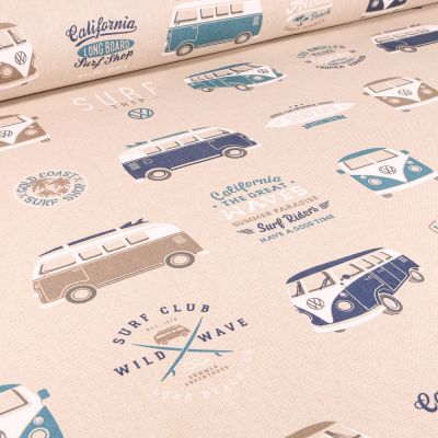 Tissu Toile de Coton Wolkswagen Combi sur fond Naturel - Par 10 cm