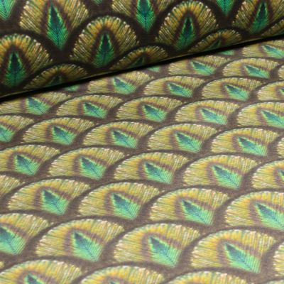 Tissus Velours d&#039;ameublement épais tout doux Paon sur fond Marron - Par 10 cm
