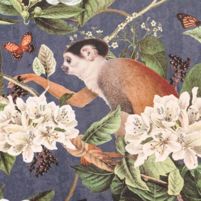 Tissu Velours ras épais tout doux Singes, oiseaux et papillons blancs, marrons et verts sur fond Bleu nuit - Par 10 cm