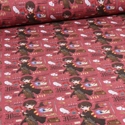 Tissu Coton imprimé sous licence Harry potter Hermione  Kawai sur fond Bois de rose - Par 10 cm