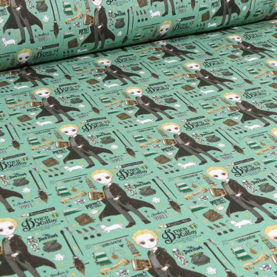 Tissu Coton imprimé sous licence Drago Malefoy Kawai sur fond Vert menthe - Par 10 cm