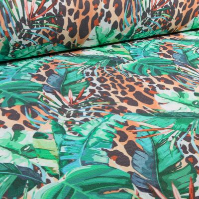 Tissu Toile Polycoton Grande largeur Palm and léo sur fond Naturel - Par 10 cm