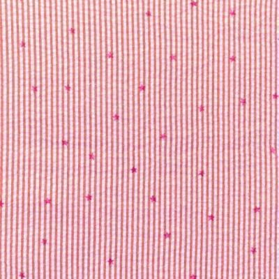 Tissu Seersucker à rayures Rouge Etoiles Fuschia sur fond Blanc - Par 10 cm
