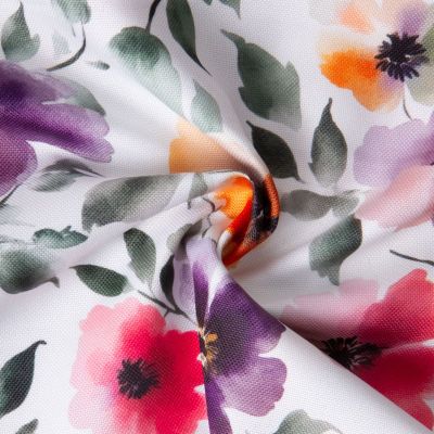 Tissu Polyester Aqua Flora sur fond Blanc - Par 10 cm