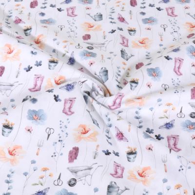 Tissu Popeline de Coton imprimé Jardinage sur fond Blanc - Par 10 cm