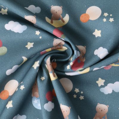 Tissu Popeline de Coton  Oursons cosmiques sur fond Bleu gris - Par 10 cm