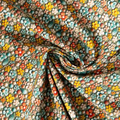 Tissu Popeline de Coton digital Maria tapis fleuri sur fond Vert kaki clair - Par 10 cm