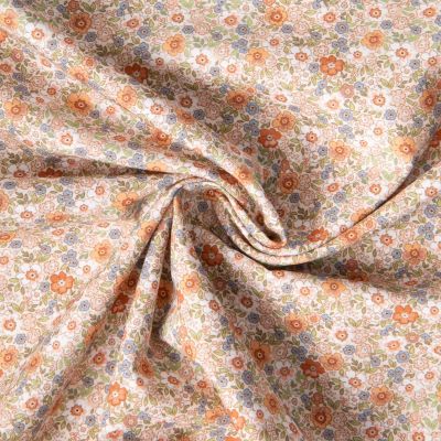 Tissu Coton imprimé Liberté floral  orange bleu sur fond Blanc - Par 10 cm