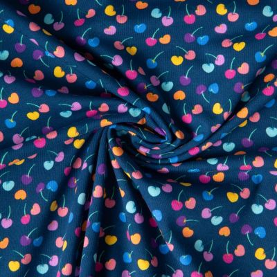 Tissu Jersey de Coton Nina cherry pop sur fond Bleu marine - Par 10 cm