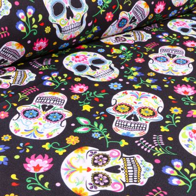 Tissu Burlington Têtes de morts colorées sur fond Noir - Par 10 cm
