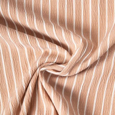 Tissu Polyviscose Seersucker aspect Lin lavé Suzy rayures Blanc sur fond Beige sable - Par 10 cm