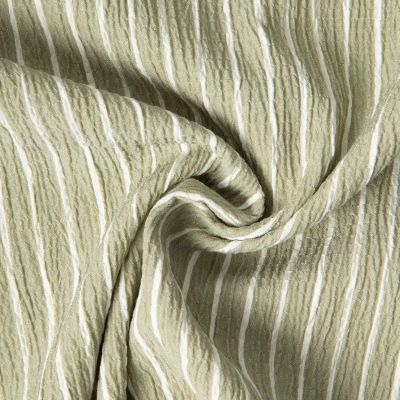 Tissu Polyviscose Seersucker aspect Lin lavé Suzy rayures Blanc sur fond Vert kaki clair - Par 10 cm