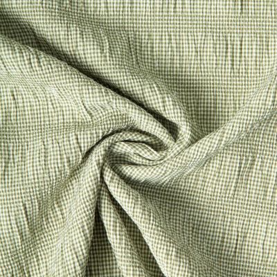 Tissu Polyviscose Seersucker aspect Lin lavé Suzy carreaux Blanc sur fond Vert kaki clair - Par 10 cm