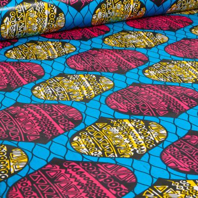 Tissu Wax africain n°  731 sur fond Bleu turquoise - Par 10 cm
