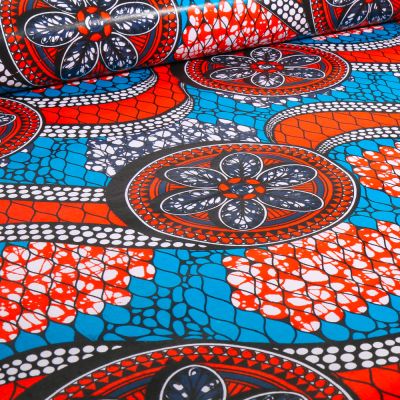 Tissu Wax africain n°  732 sur fond Bleu turquoise - Par 10 cm
