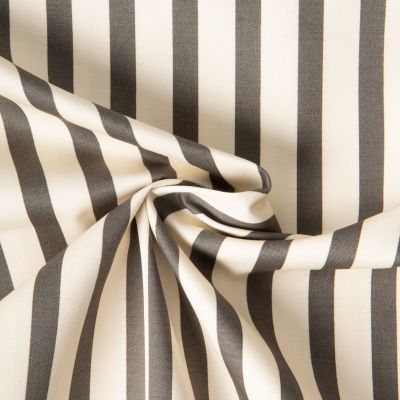 Tissu Coton Sergé Satiné légèrement extensible rayures Gris taupe sur fond Ecru - Par 10 cm