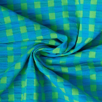 Tissu Seersucker légèrement extensible carreaux Bleu et Vert - Par 10 cm