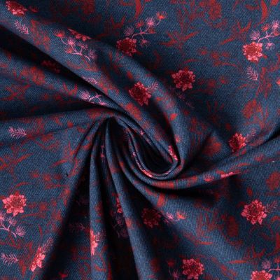 Tissu Chambray Coton Lola petites fleurs Rouge sur fond Bleu foncé - Par 10 cm