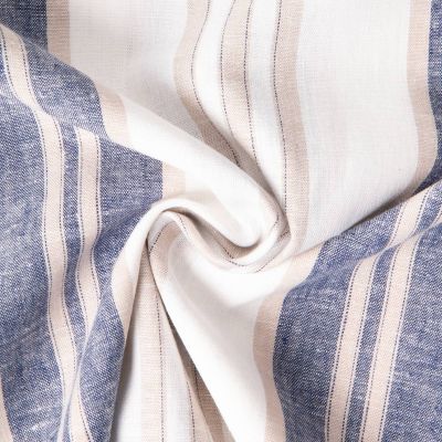 Tissu Lin Viscose Louis rayures Bleu gris et Beige sur fond Blanc cassé - Par 10 cm