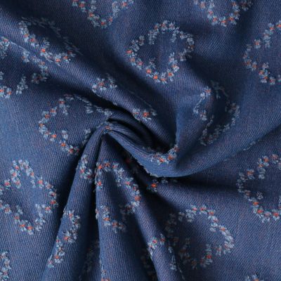 Tissu Jacquard Indigo Floréal Orange sur fond Bleu denim - Par 10 cm