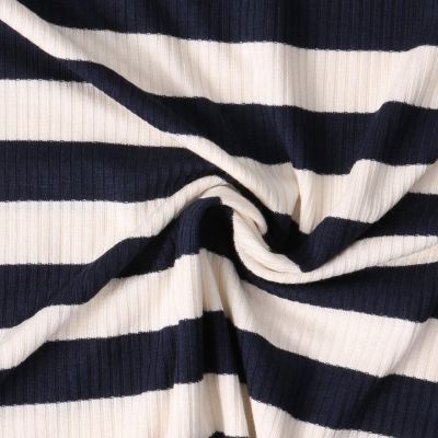 Tissu Jersey Viscose cotêlé Oréane rayures Bleu marine sur fond Blanc - Par 10 cm