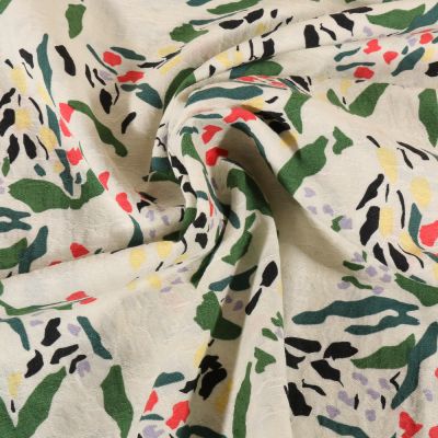 Tissu Coton Lin Floral vert sur fond Ecru - Par 10 cm