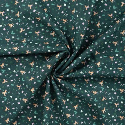 Tissu Popeline de Coton imprimé Noël sur fond Vert sapin - Par 10 cm
