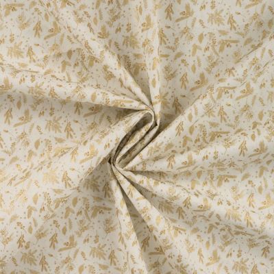 Tissu Coton imprimé motifs de Noël dorés sur fond Ecru - Par 10 cm