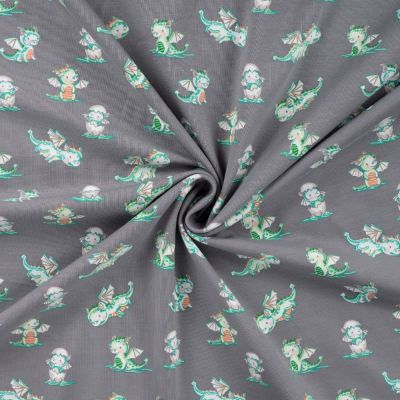 Tissu Jersey Coton imprimé Petits dragons sur fond Gris anthracite - Par 10 cm