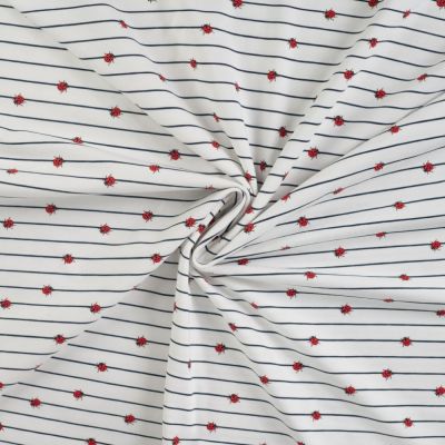 Tissu Jersey Coton Rayures bleues et coccinelles sur fond Blanc - Par 10 cm