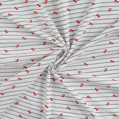 Tissu Jersey Coton Rayures bleues et cerises sur fond Blanc - Par 10 cm