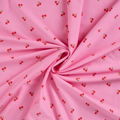 Tissu Jersey Coton imprimé Cerises rouges sur fond Rose - Par 10 cm