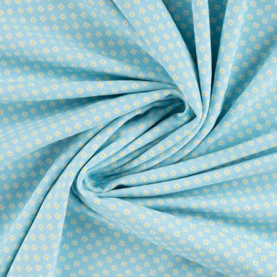 Tissus Jersey Coton imprimé Petites fleurs blanches et jaunes sur fond Bleu turquoise - Par 10 cm
