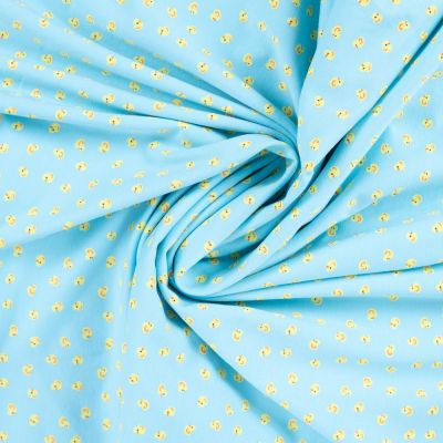 Tissus Jersey Coton imprimé Poussins jaunes sur fond Bleu turquoise - Par 10 cm