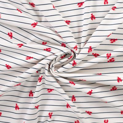 Tissu Jersey Coton imprimé Tom homards sur marinière sur fond Blanc - Par 10 cm