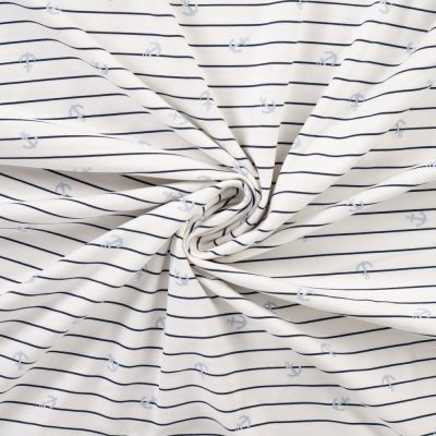 Tissu Jersey Coton imprimé Malo fine marinière sur fond Blanc cassé - Par 10 cm