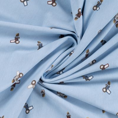Tissu Jersey Coton imprimé Noé petits tracteurs sur fond Bleu ciel - Par 10 cm